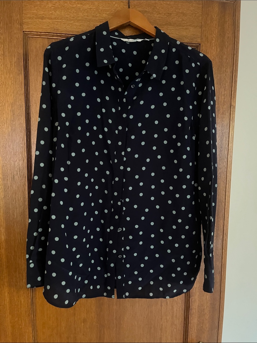 Boden Silk Navy Button-Down Shirt with Light Blue Polka Dots